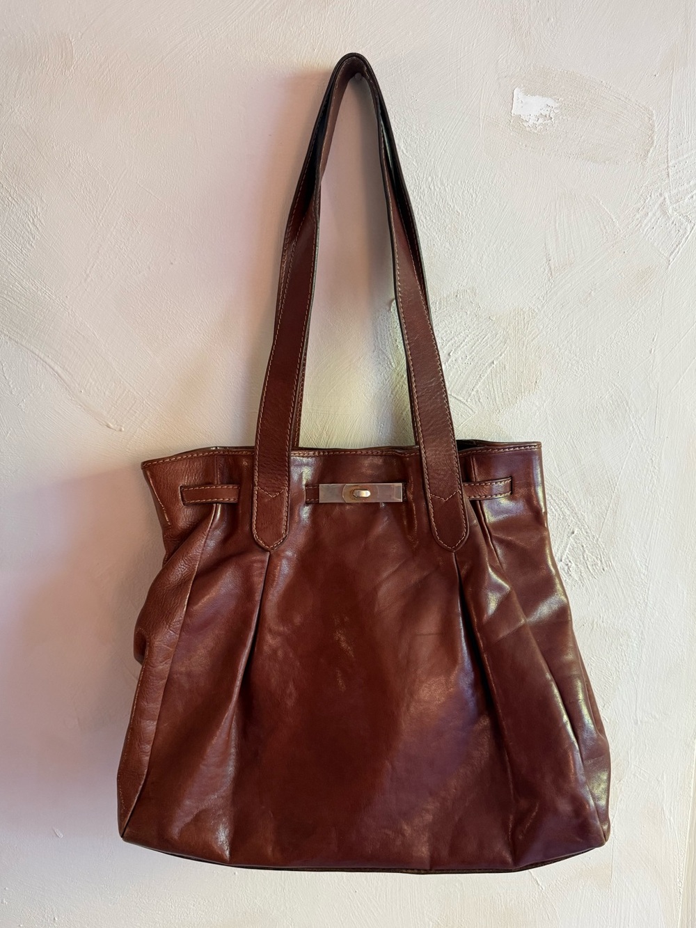 Vintage | Italian Brown Leather Tote Bag | Slouchy Turnlock | Large